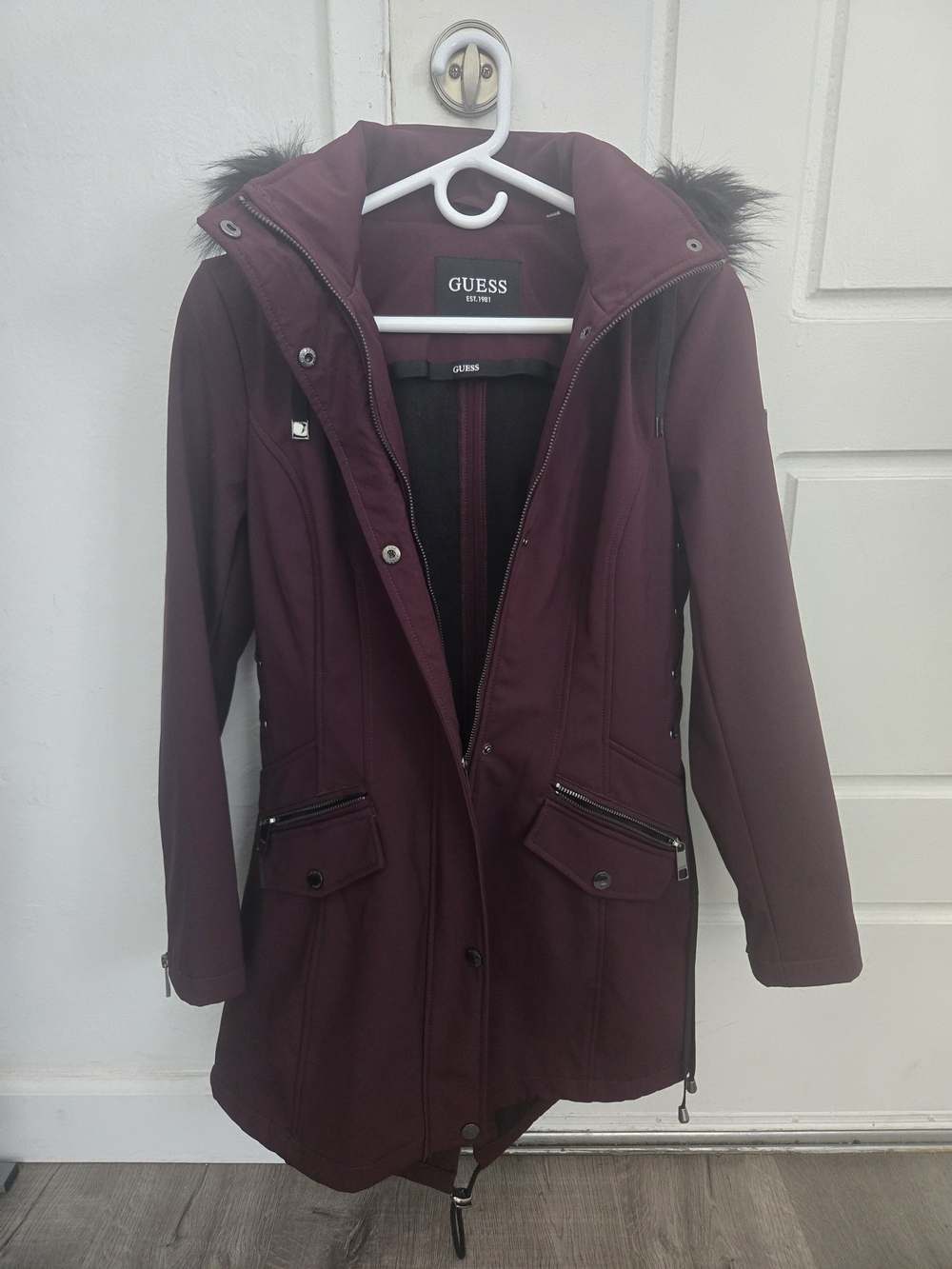 GUESS Women's Burgundy Hooded Corset Coat with Faux Fur Trim